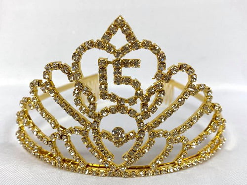 Crystal Clear Rhinestones Sweet 15 Quinceanera w/Combs.Gold Plated Tiara.4" Tall 
