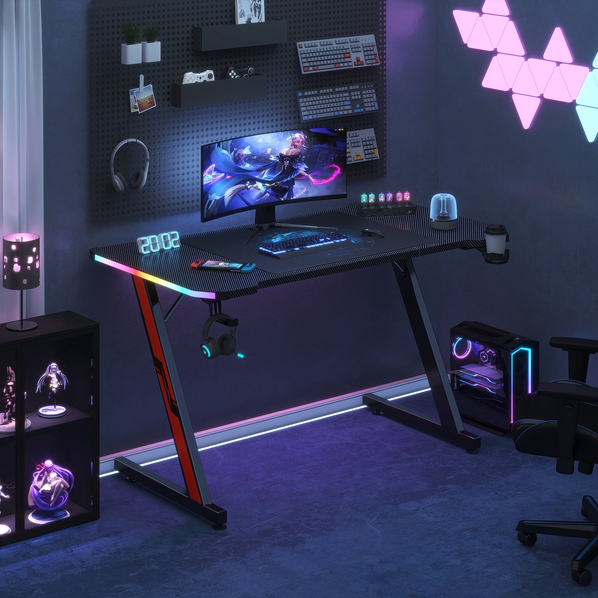 パソコンデスク HAL Homall Gamer PC Desk, 55'' Z-Shaped, RGB Lights, Carbon Fiber