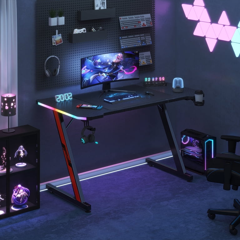 Homall Gamer PC Desk, 55'' Z-Shaped, RGB Lights, Carbon Fiber