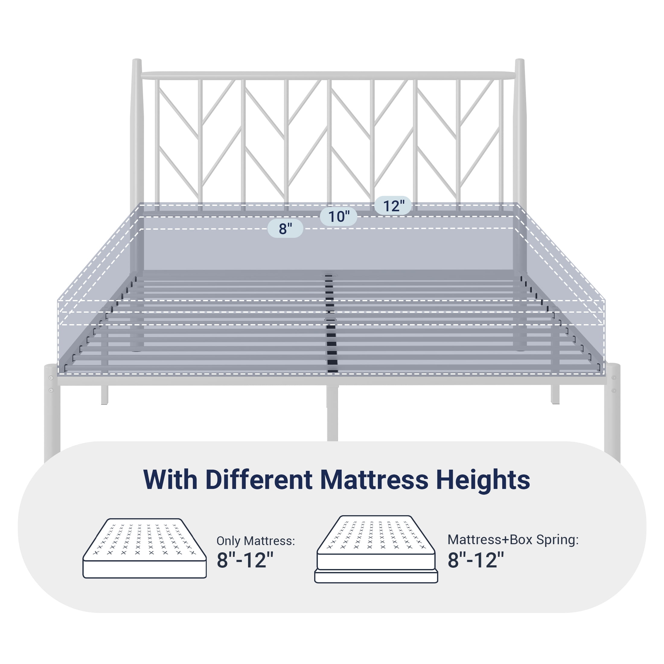 Allewie White Queen Size Modern Metal Platform Bed Frame with Vintage Headboard and 12" Under-bed Storage