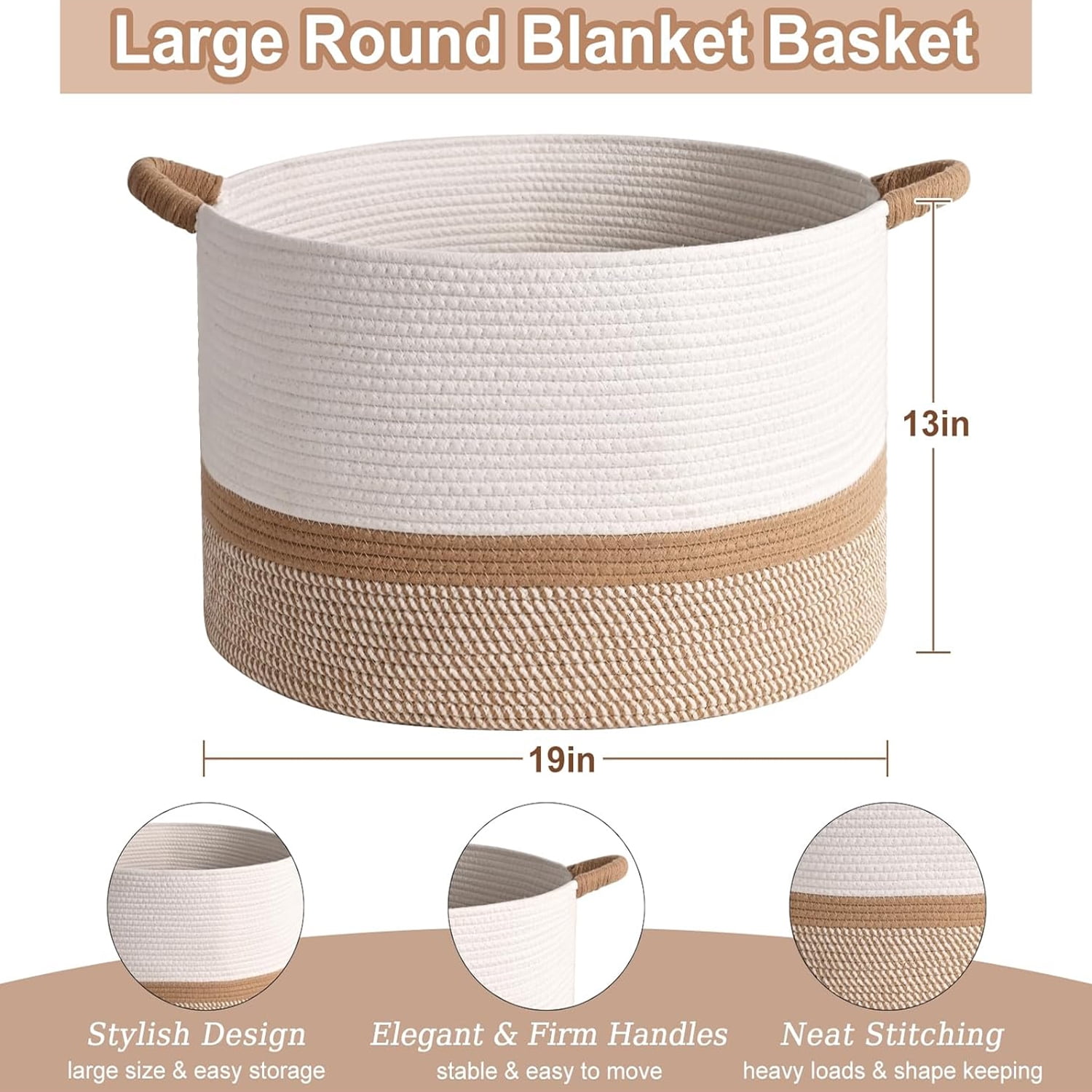 Natubeau Cotton Rope Woven Storage Baskets, 65L Large Round Laundry Hampers Blanket Basket Clothes Basket, 20"W x 13"H Storage Baskets With Handle