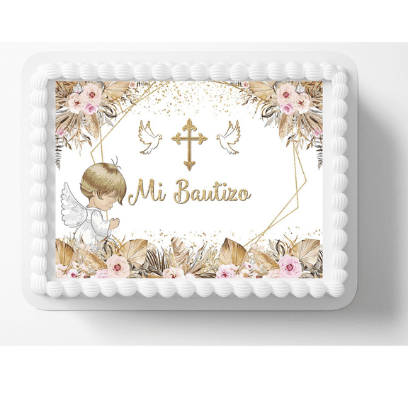 Pink Girl Baptism Mi Bautizo Image Edible Cake Topper Birthday Cake Decoration Edible Photo Paper For 1/4 to 1/2 sheet Cake 10" by 8" rectangle You add To Your Own Cake.