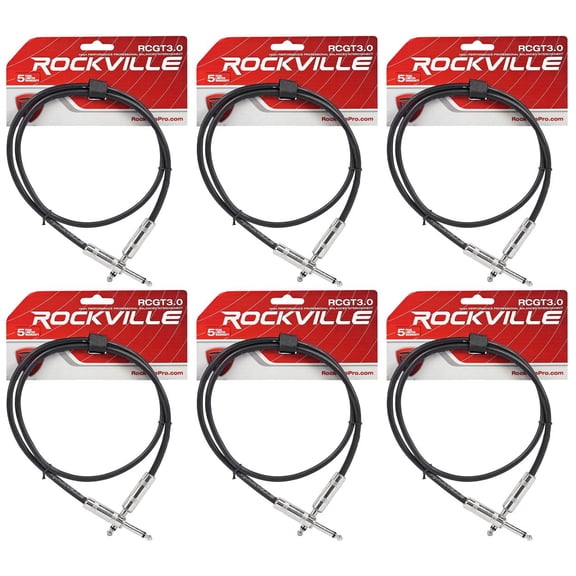 6 Rockville RCGT3.0B 3'  1/4" TS to 1/4'' TS Guitar Pedal Board/Instrument Cable