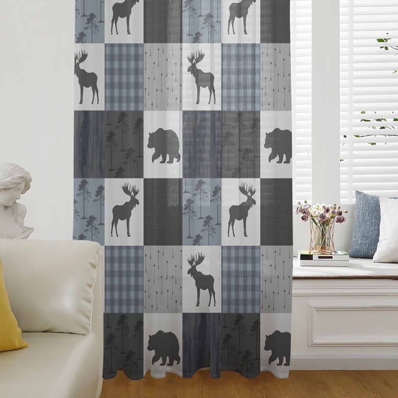 Blue Cabin Check Semi Sheer Curtains Drapes for Living Room,Bedroom,French Doors Window 96 Inches Long,Rustic Bear Elk Farmhouse Buffalo Plaid Rod Pocket Chiffon Curtain Drapery Voile Drape Panel