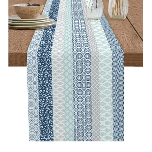 Hokiten Table Runners 60 Inches Long Dress Scarves, Blue Striped Farmhouse Kitchen/Dining Table Runner, Small Coffee Tablerunners, Boho Modern Geometric Abstract Art Ethnic 13x60 Inch