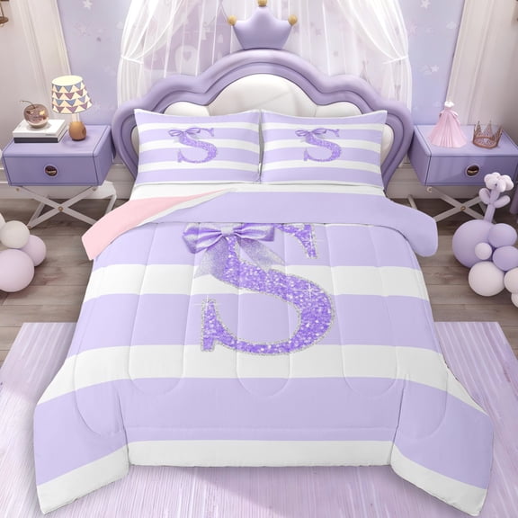 Erosebridal Glitter Print Personalized Initial S Girl Full Size Comforter Sets 3 Pieces,Kids Teens Purple Bow Geometric Stripes Bedding Sets,Pink Reversible