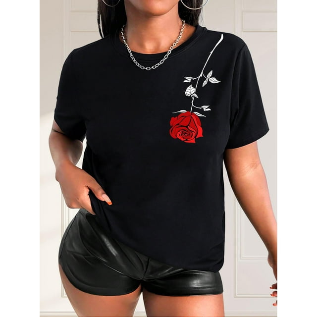 Valentine's Day Rose Graphic Casual Short Sleeve Top, Round Neck Sports T-shirt, Women's Activewear