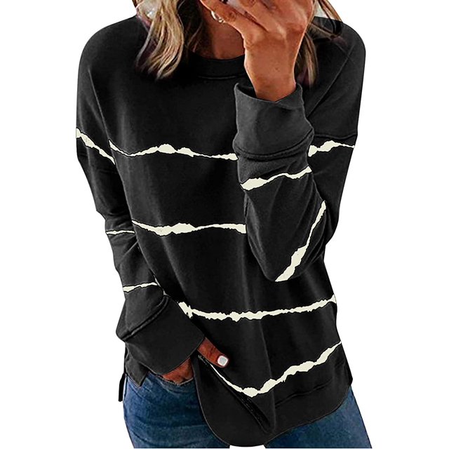 Sweat-shirt Décontracté à Col Rond à Manches Longues Imprimé à Rayures et Mollet