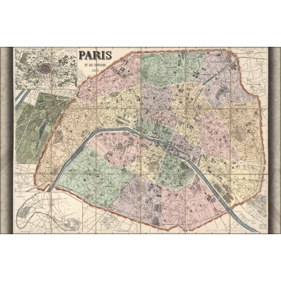 24"x36" Gallery Poster, map of Paris et ses environs 1878 in french