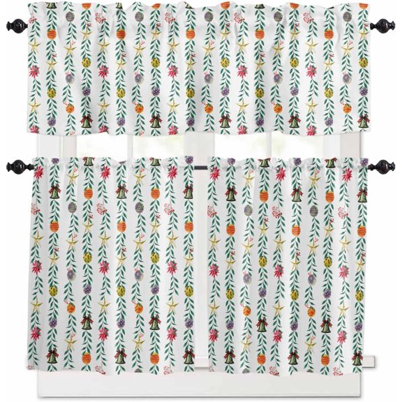 Christmas Kitchen Curtains and Valances Set, Rod Pocket Curtains Tier Farmhouse Window Curtains 36 Inch Length, Xmas Leaves Ball Star Berry Bell Vines Plants 3 Piece Kitchen Curtains Set