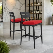 Modern 2PC Bar Stools, Aluminum Patio Bar Chair with Ergonomic Backrest, Tapered Legs, Footrest, Ember Black, Sunbrella Jocky Red Cushion, Weather-Resistant