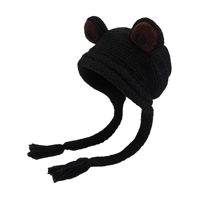 Gorro de invierno para mujer, gorro de punto, gorro cálido, tocado con orejeras, gorro de rana Negro