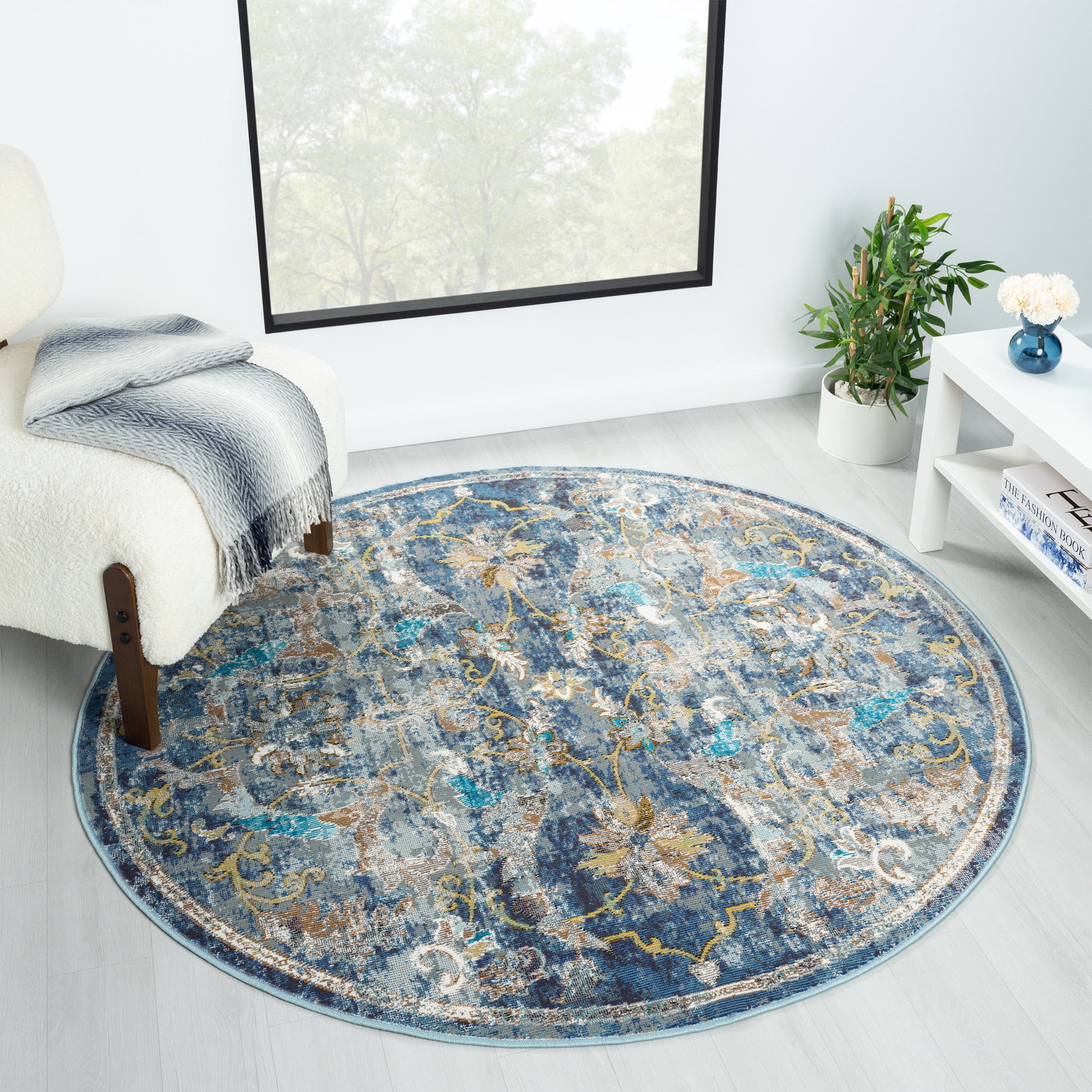 Ox Bay Ada 7'6" Round Navy Blue Floral Durable Indoor Area Rug