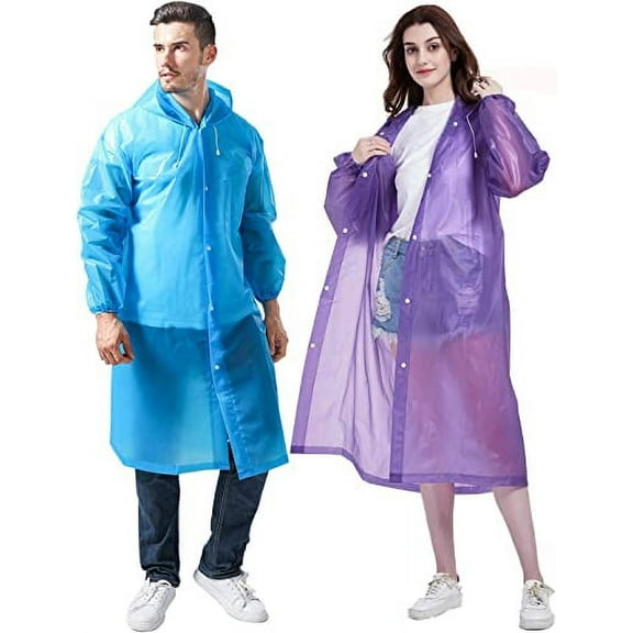 Zhuge Raincoat for Adults, [Pack of 2] EVA Rain Coats Reusable Rain Poncho with Hood & Long Sleeves & One Reusable Pouch