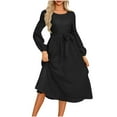 thumbnail image 2 of ClodeEU Women's Solid Color Long Sleeve Round Neck A-Line Maxi Dress ,Elegant Flared Midi Dress with Tie waist Black,Womens Plus L, 2 of 6