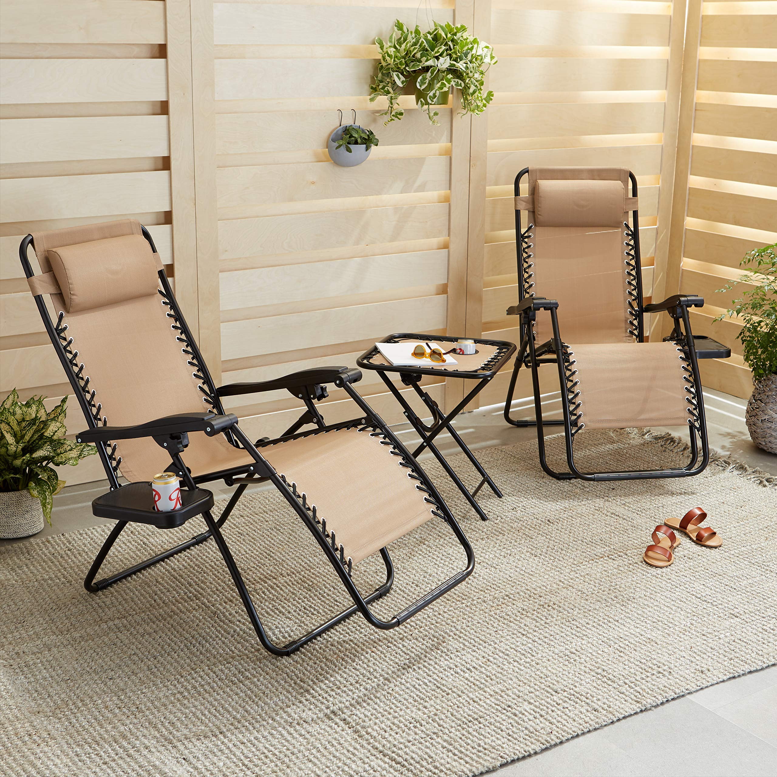Outdoor Textilene Adjustable Zero Gravity Folding Reclining Lounge Chair Set with Cup Holder, Side Table, Headrest, Weather-Resistant, 35 x 26 x 43 inches, Beige, 2-Pack