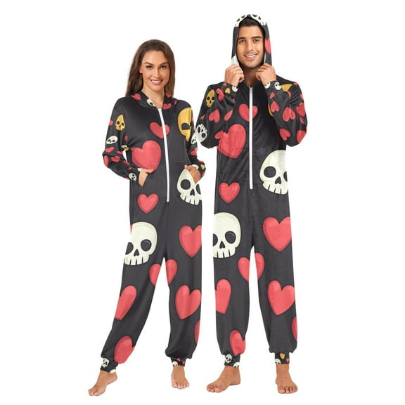 Skulls Hearts Adult Onesie Pajamas Slim Fit Christmas One Piece Suit Pjs for Women and Men Hooded Zipper