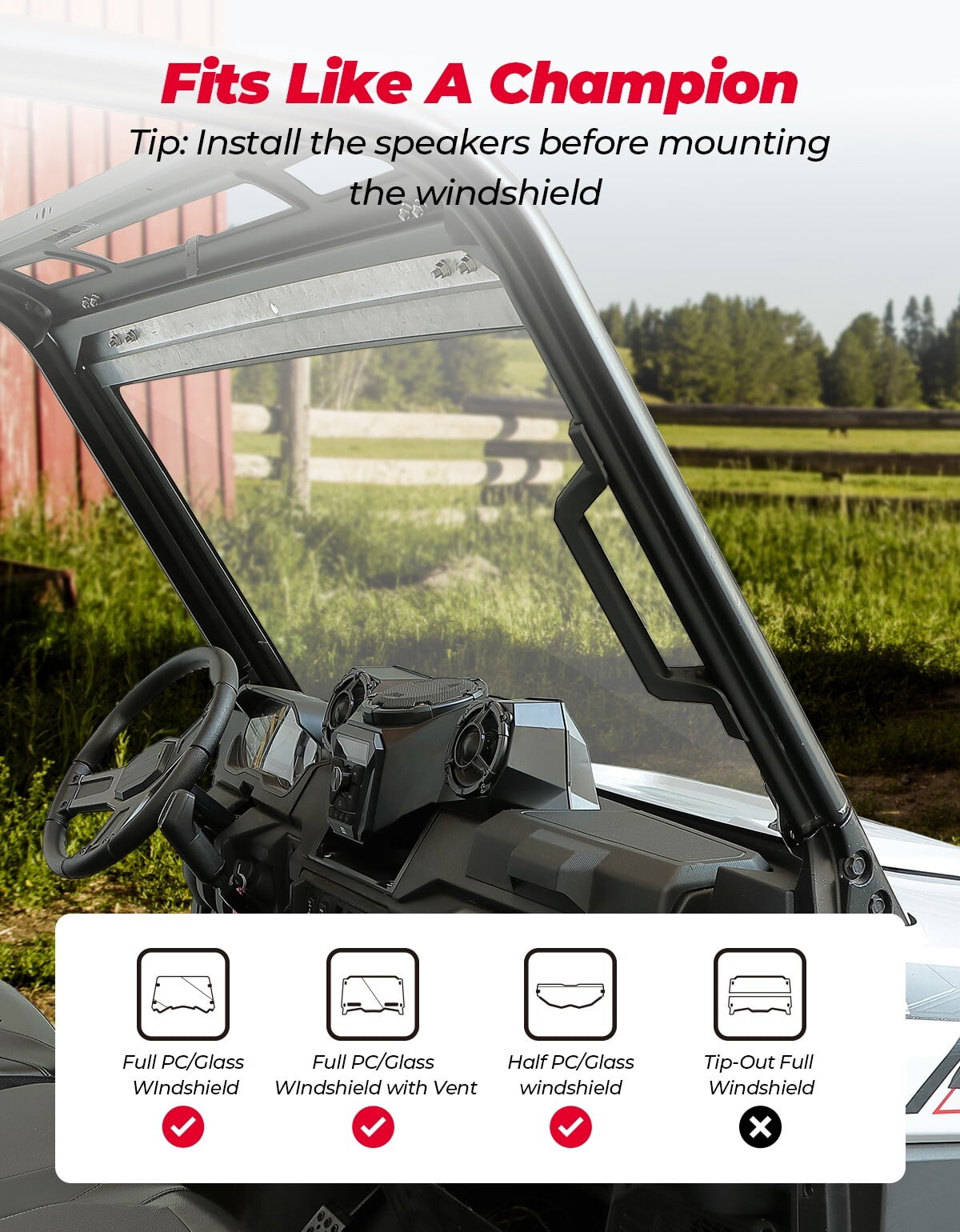 KEMIMOTO UTV One-Piece 3-Speaker Audio Radio Kit w/ 5.25" Woofer Compatible with Polaris Ranger XP 1000