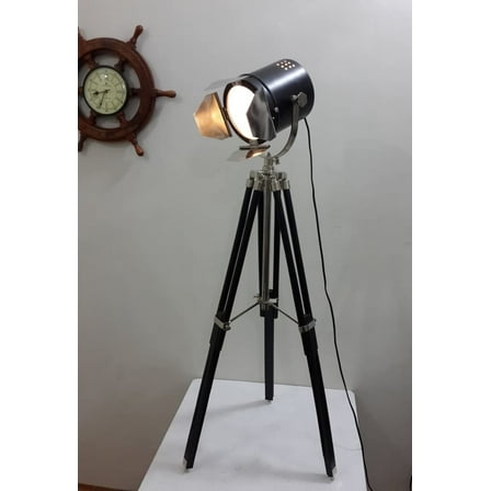 Thor Vintage Theater Searchlight & Black Tripod Stand Spotlight With Wood Tripod Light