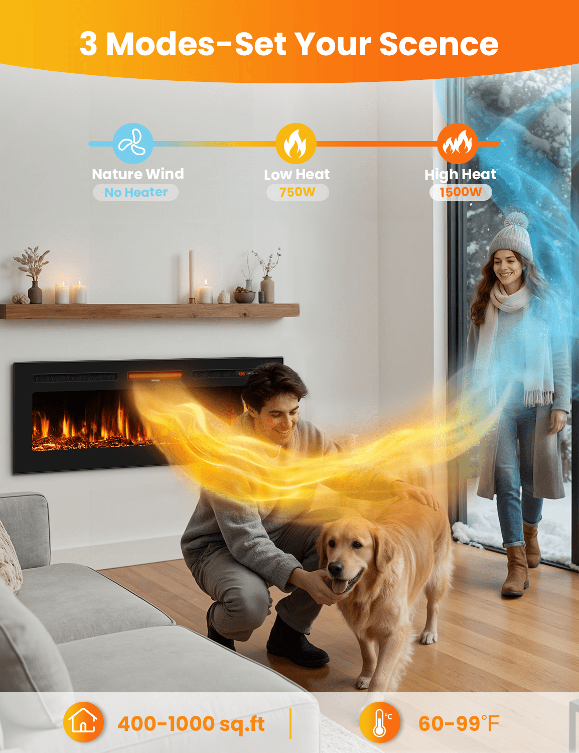 Patiosunny 50" WiFi Electric Fireplace, Freestanding/Inserts/Wall Mounted Fireplace Heater, 12 Flame Colours, with WiFi Remote Control&Smart App, 12H Timer, for Living Rooms and Bedrooms