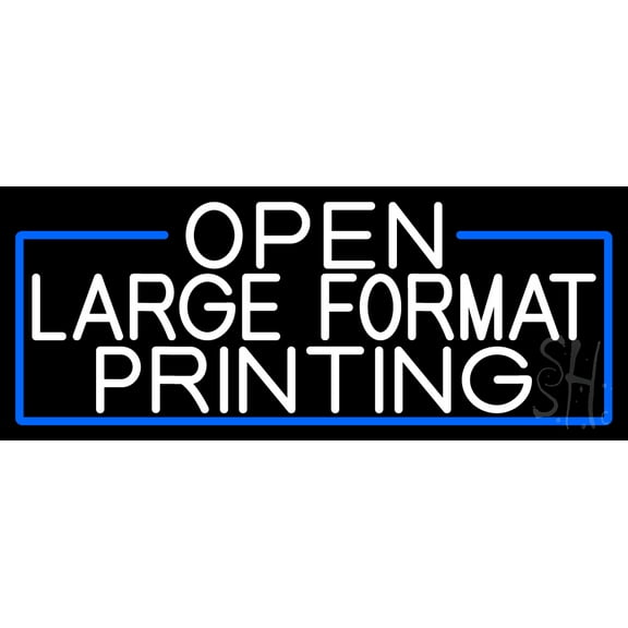 White Open Large Format Printing With Blue Border LED Neon Sign 13 x 32 - inches, Clear Edge Cut Acrylic Backing, with Dimmer - Bright and Premium built indoor Neon Sign for storefront.