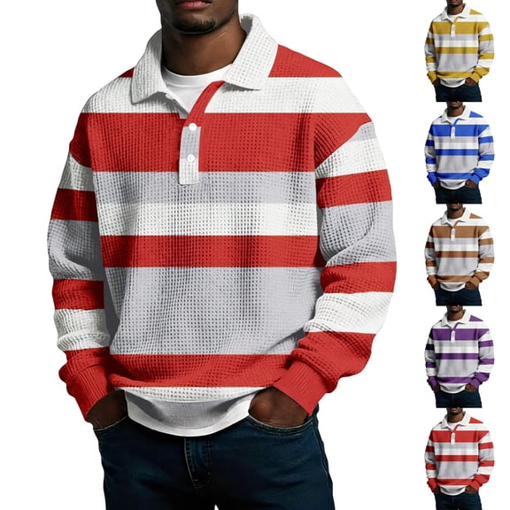 FRSASU Mens Waffle Knited Polo Shirts Striped Dressy thermal Basic Button Collar Long Sleeve Sweater Yellow