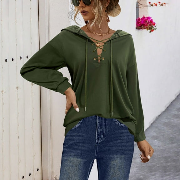 UPPADA Women Lace Up Hoodies Long Sleeve Hooded Shirts V Neck Casual Hoodie Tops Casual Hooded Sweatshirts Hoodie Women Cute Army Green,XL