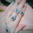 thumbnail image 3 of Tear Drop Huggie Earrings Necklace Ring Jewelry Set Silver Plated Green CZ Stone, 3 of 9