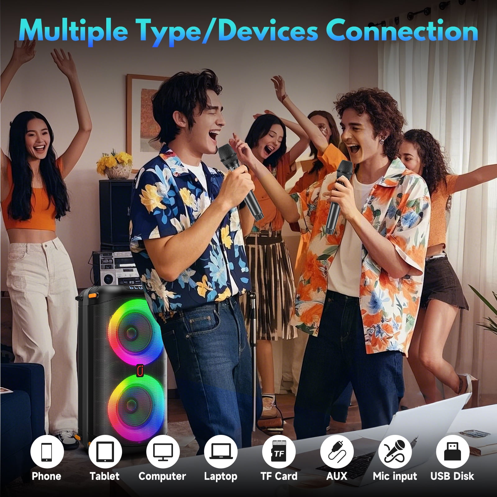 JYX Bluetooth Speaker, Dual 6.5'' Subwoofer Portable Party Speaker System for Outdoor, Deep Bass Party Box with Led Lights, T27-T