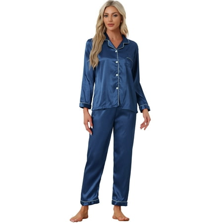 DARING DIVA Women s Long Sleeves Button Down Satin Pajama Sets XL Dark Blue