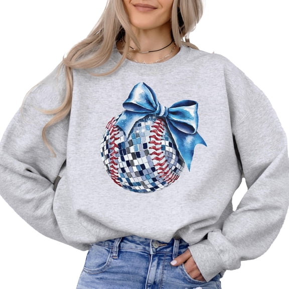 Blue Bow Disco Softball Sweatshirt for Player Fan Coach Game Day Girly Baseball Pullover Gray Sweatshirt Adult Small