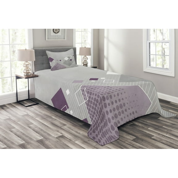 Ambesonne Abstract Quilted Bedspread Set 2 Pcs, Colorful Squares Dots, Twin Size, Purple White Grey