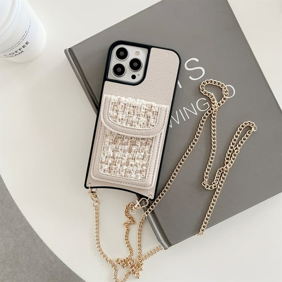 for iPhone 14 Pro Wallet Case with Card Holder, Solid Color Metal Chain PU Leather Back, Crossbody Strap Wallet Phone Case for Women Girls, Fit for iPhone 14 Pro 6.1 inch - Gold