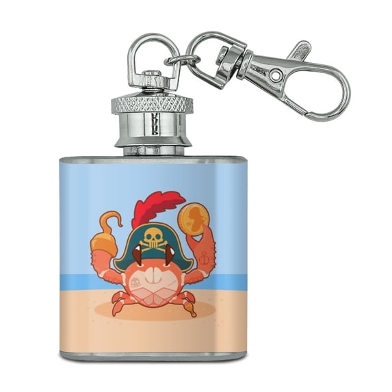 Pirate Crab on the Beach with Hook and Coin Stainless Steel 1oz Mini Flask Key Chain