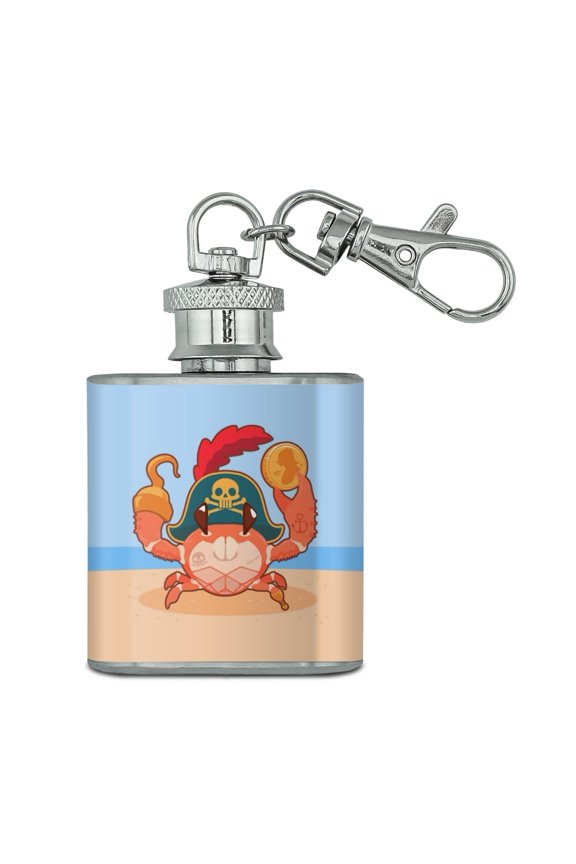 Pirate Crab on the Beach with Hook and Coin Stainless Steel 1oz Mini Flask Key Chain