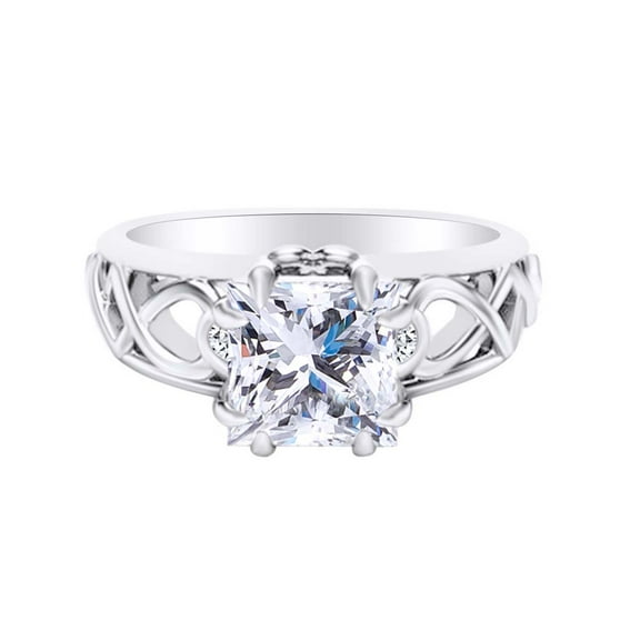 AFFY 1.3 Carat Princess Cut Moissanite & Natural Diamond Unique Engagement Ring 14K Solid White Gold Ring Size-5
