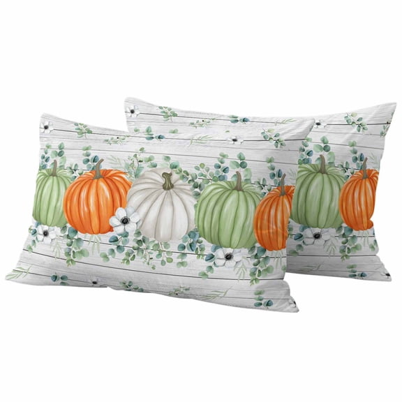 Lumbar Pillow Covers 12 x 20 Inches, Fall Waterproof Throw Pillow Cover Set of 2, Orange Green Pumpkin Thanksgiving Eucalyptus Wood Decorative Rectangle Cushion Covers for Patio/Tent/Couch/Garden