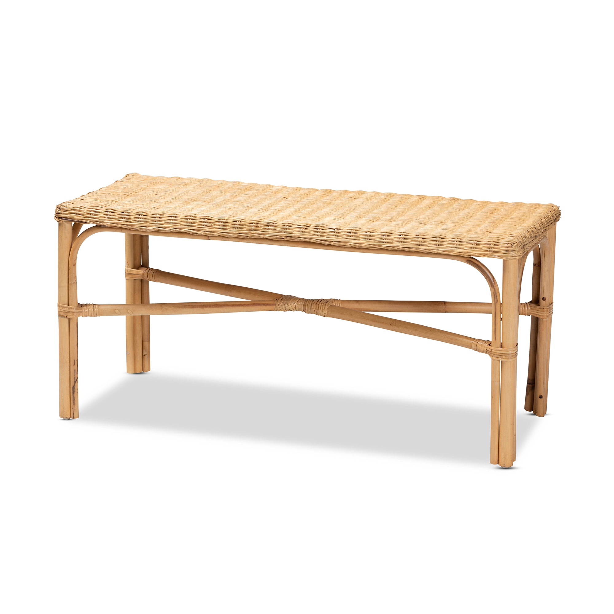 bali & pari Cacaban Natural Rattan Bohemian Accent Bench with Crisscross Base, Natural Brown