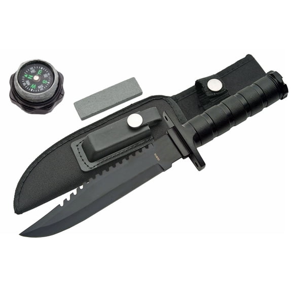 SZCO 12 Inch Black Survival Knife Full Tang Metal Handle Compass Pommel Survival Kit Nylon Sheath with Sharpener Camping Hiking Knife