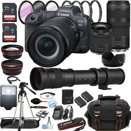 Canon EOS R5 Mirrorless Digital Camera with RF 24-105mm f/4-7.1 STM Lens + RF 100-400mm is USM Lens + 420-800mm Super Telephoto Lens + 128GB Memory + Case + Tripod + Filters 44pc Bundle