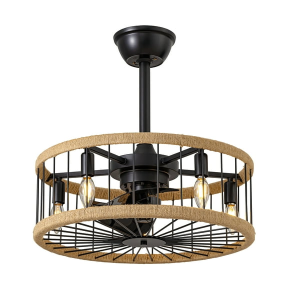 HOOMEDELIER 20" Farmhouse Ceiling Fan with Light Rustic Rattan Caged Chandelier Fan for Living Room
