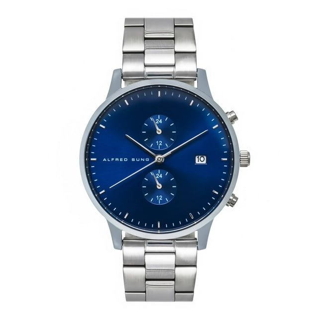 Alfred Sung Montre à Maillons pour Homme Dual Time Argent Date Cadran Bleu