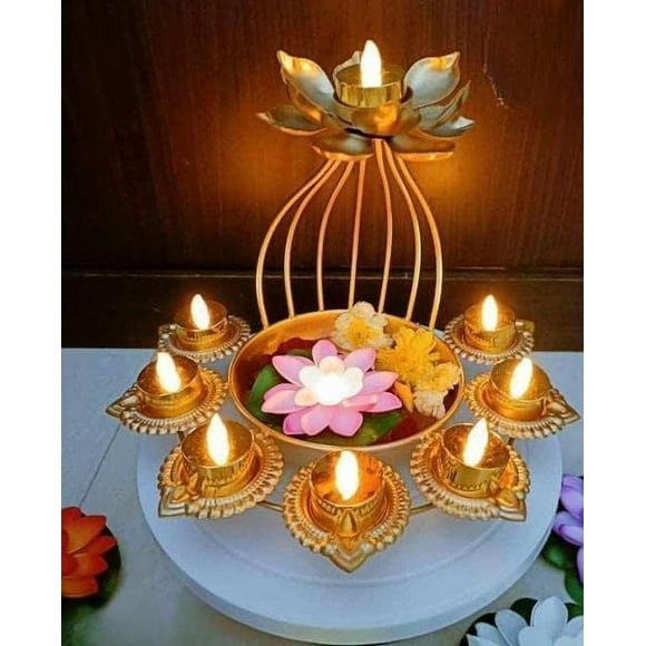 Lotus Flower Diyas for Puja, Decor Stand Diya for Home, Pooja Room, Diwali Light, Temple Decoration Items, Festival Gift Diya