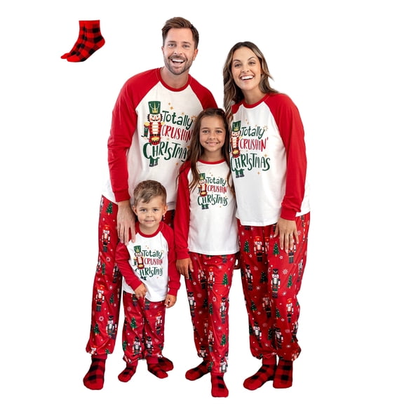 PatPat Christmas Pajamas Family Matching 2 Piece Long Sleeve Top & Pants Couple Pjs Sets Nutcracker Totally Crushin' Christmas Letter Print Women Sleepwear with Socks, Red, M