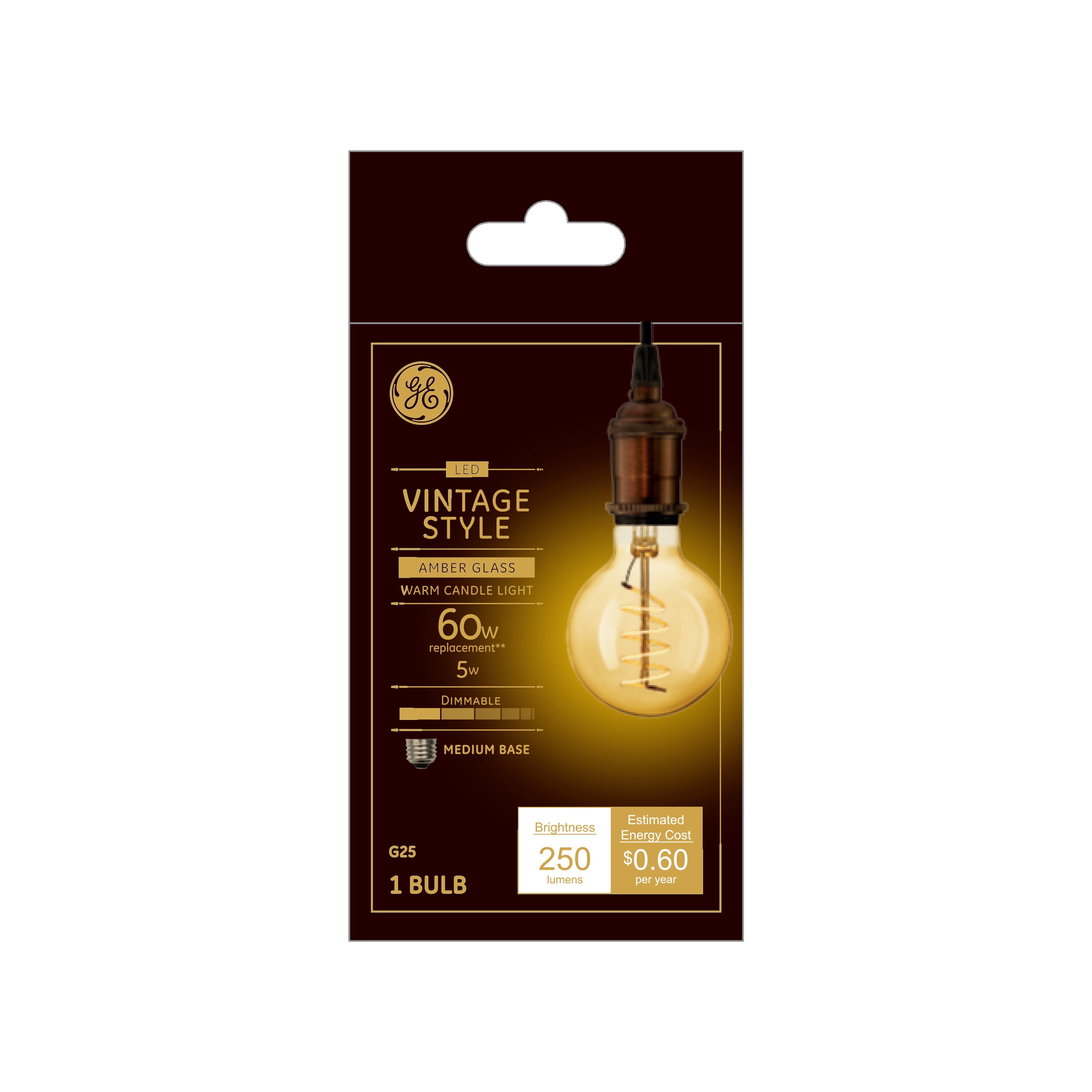 GE Vintage LED 5-Watt (60W Equivalent) G25 Medium Globe Light Bulb, Spiral Filament, Amber Finish, Medium Base, Dimmable, 1pk