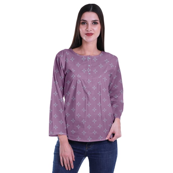 Moomaya Printed Button Placket Full Sleeve Top Round Neck WoMen's Casual Summer Tunic