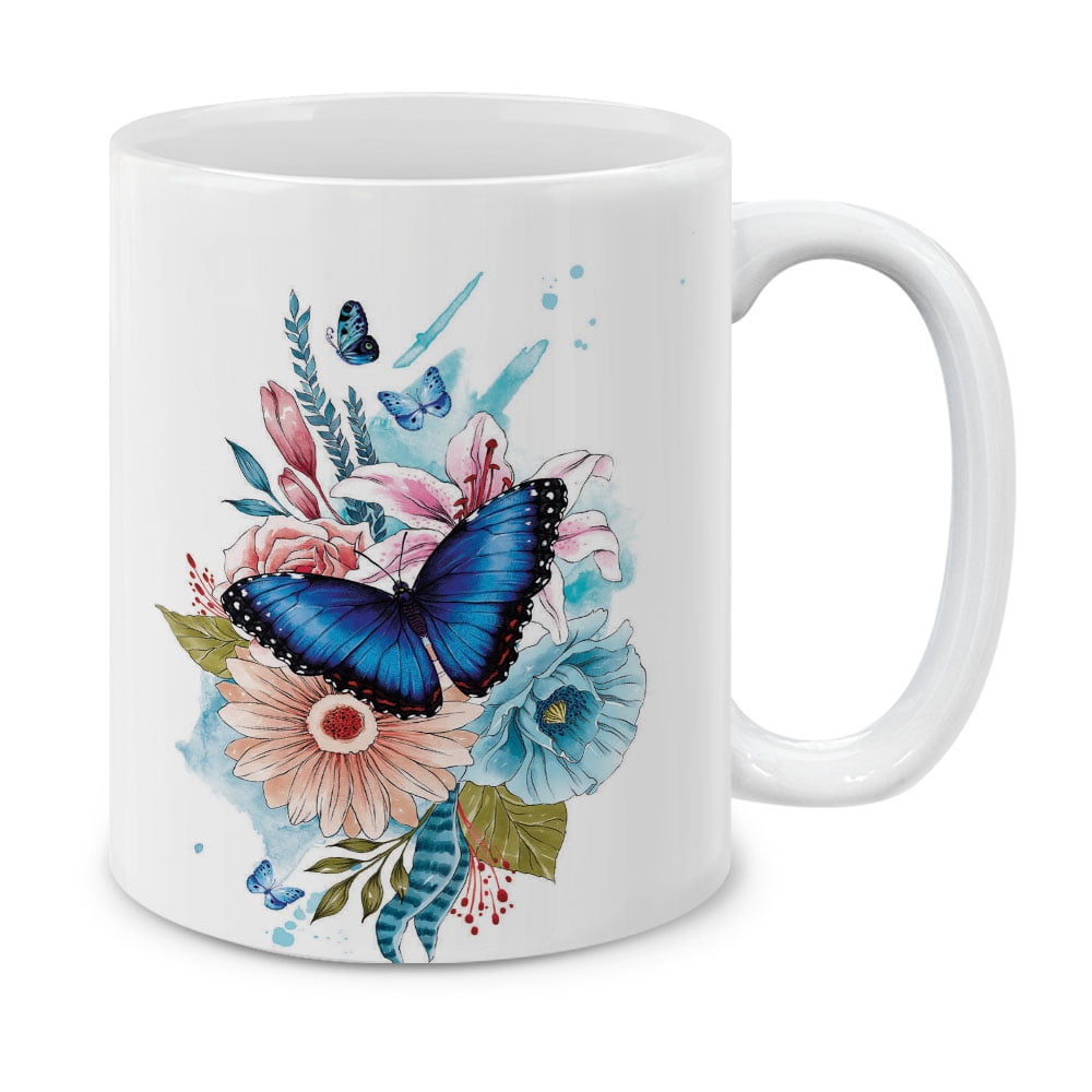 MUGBREW 11 Oz Ceramic Tea Cup Coffee Mug, Blue Morpho Butterfly Flower