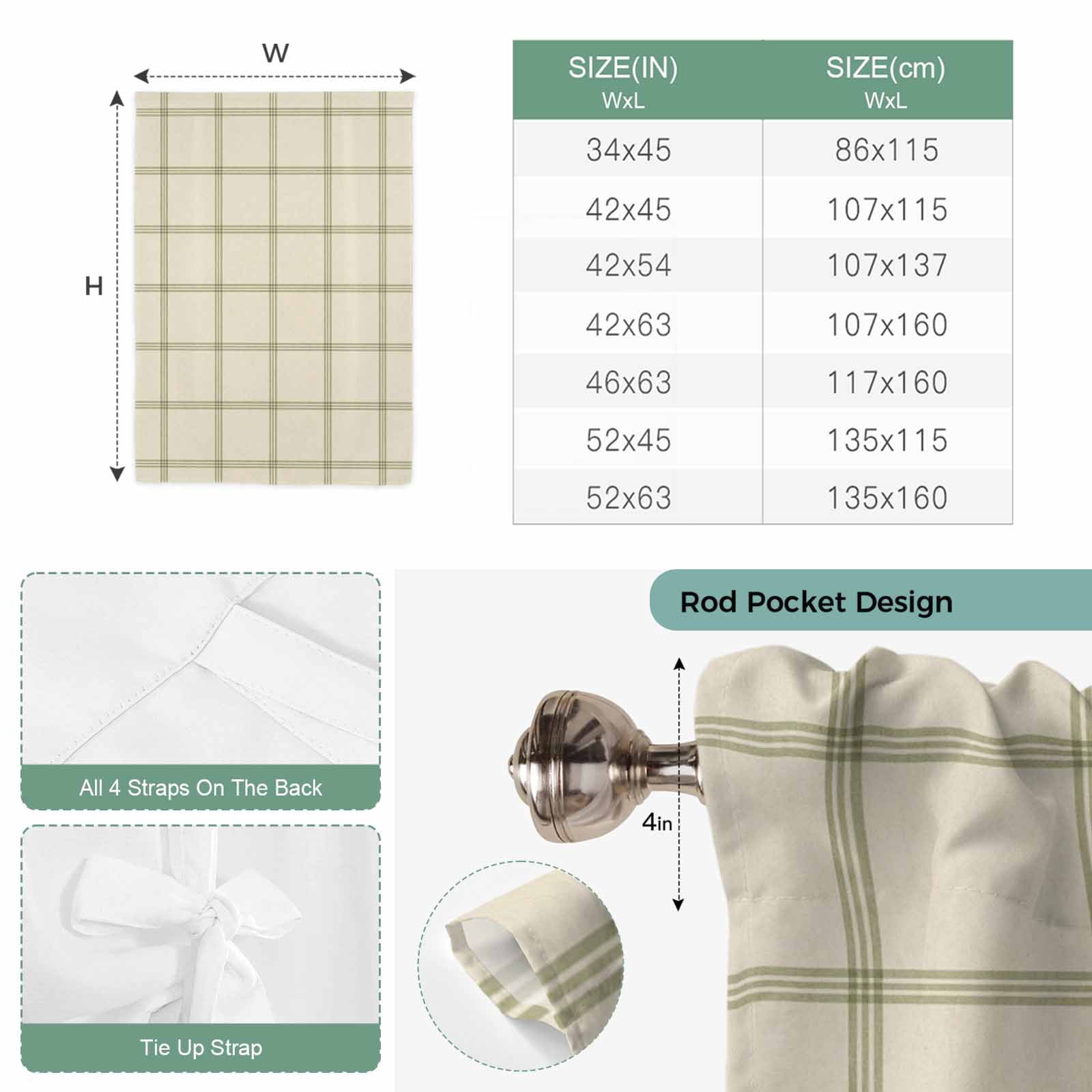 Beige Plaid Balloon Curtains for Bedroom/Front Door/Bathroom, Vintage Grid Stripe Minimalist Art Linen Tie Up Curtains 63 Inch Length Light Filtering Kitchen Curtains Shades for Windows 46"x63"