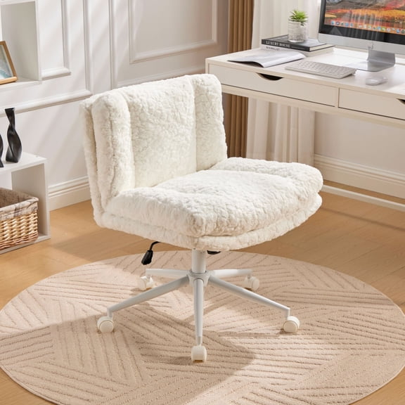 PAPROOS Vanity Chair with Back, 26.4" Wide Armless Home Office Chair with Artificial Rabbit Hair, Metal Base, Adjustable Swivel Ergonomic Desk Chair with Wheels, Computer Task Seating, Cream