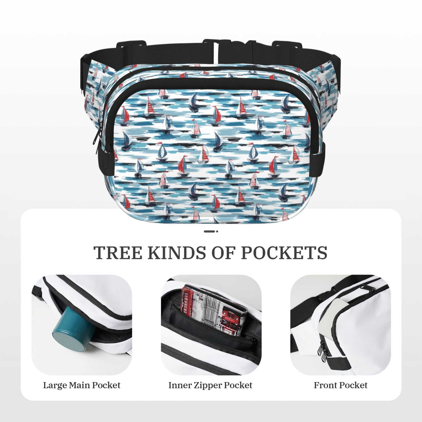 Picia Boat In Ocean Print Square Double-Layer Waist Bag Mini Adjustable Waist Belt Bag Exercise Running Travel Hiking